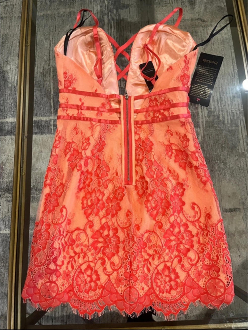 bebe Coral and Red Lace Crisscross Mini Dress - Picture 5 of 8